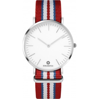 Montre Edelwatch 41 mm (Men) cadran argenté fond blanc (pile non incluse) - Bracelet rouge / bleu / blanc