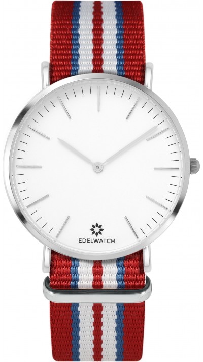 Montre Edelwatch 41 mm (Men) cadran argenté fond blanc (pile non incluse) - Bracelet rouge / bleu / blanc