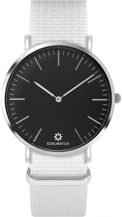 Montre Edelwatch 41 mm (Men) cadran argenté fond noir (pile non incluse) - Bracelet blanc