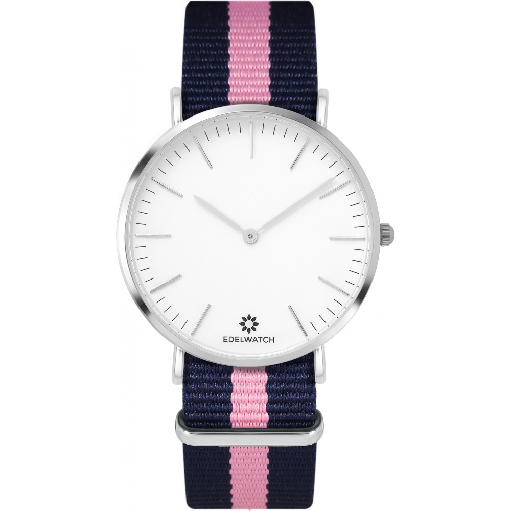 Montre Edelwatch 41 mm (Men) cadran argentée fond blanc (pile non incluse) - Bracelet bleu / rose