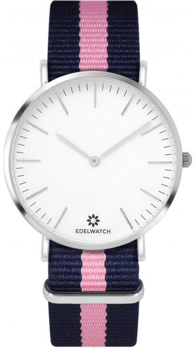 Montre Edelwatch 41 mm (Men) cadran argentée fond blanc (pile non incluse) - Bracelet bleu / rose
