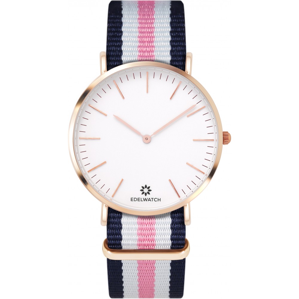 Montre Edelwatch 41 mm (Men) cadran doré fond blanc (pile non incluse) - Bracelet bleu / blanc / rose
