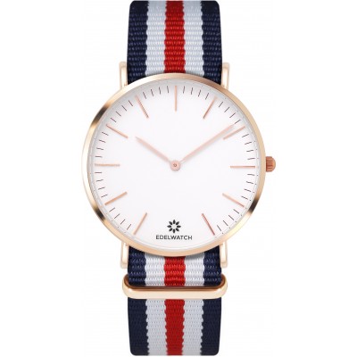 Montre Edelwatch 41 mm (Men) cadran doré fond blanc (pile non incluse) - Bracelet bleu foncé / blanc / rouge