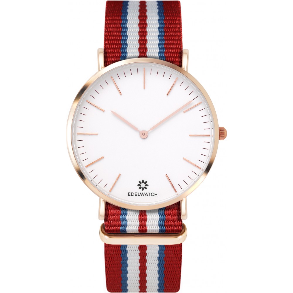 Montre Edelwatch 41 mm (Men) cadran doré fond blanc (pile non incluse) - Bracelet rouge / bleu / blanc