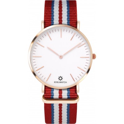 Montre Edelwatch 41 mm (Men) cadran doré fond blanc (pile non incluse) - Bracelet rouge / bleu / blanc