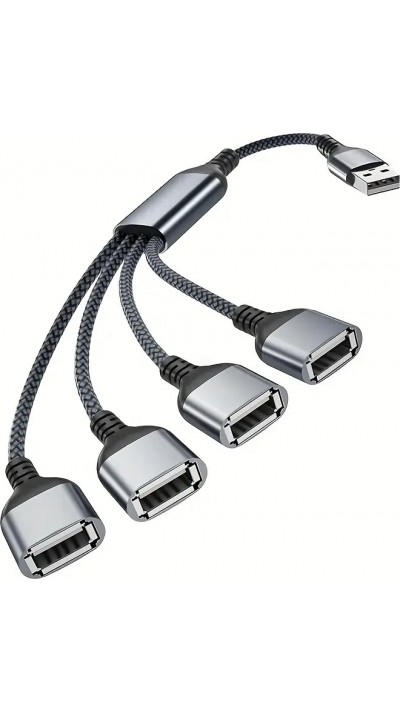 USB-A Mehrfachsteckdose mit 4x USB-A Anschlüssen und 30 cm Kabel Mehrfachladehub - Grau