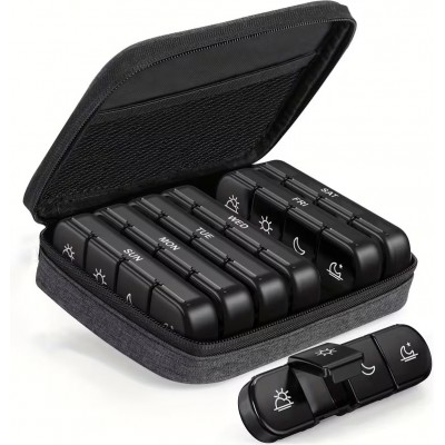 Organisateur de pilules pour voyage 7 jours et 4 prises par jour boîte portable avec sac élégant - Noir
