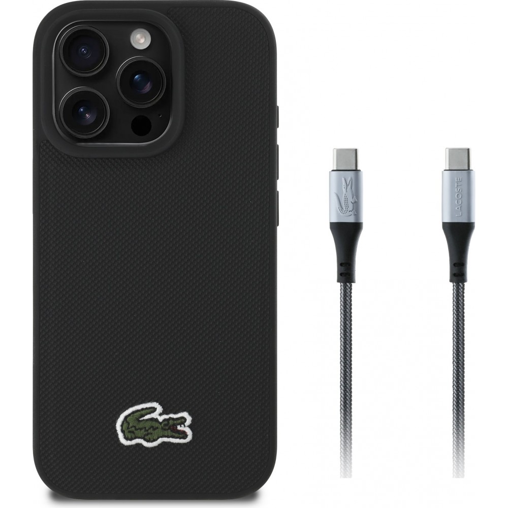 Coque iPhone 16 Pro Max - Pack Lacoste Iconique Petit Piqué avec logo tissé et câble de données USB-C vers USB-C - Noir