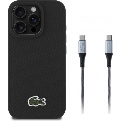 iPhone 16 Pro Max Case Hülle - Lacoste Iconique Petit Piqué Pack mit gewebtem Logo und USB-C zu USB-C Datenkabel - Schwarz