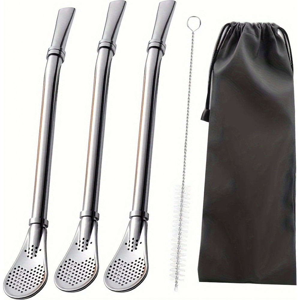 Paille en acier inoxydable pour yerba mate (3 pièces) réutilisables avec brosse de nettoyage et sac