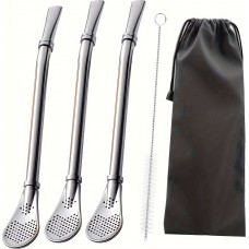 Paille en acier inoxydable pour yerba mate (3 pièces) réutilisables avec brosse de nettoyage et sac