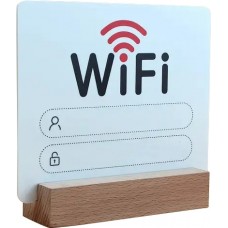 Panneau WiFi 2D en acrylique avec socle bois affiche mot de passe pour maison ou restaurant - Blanc