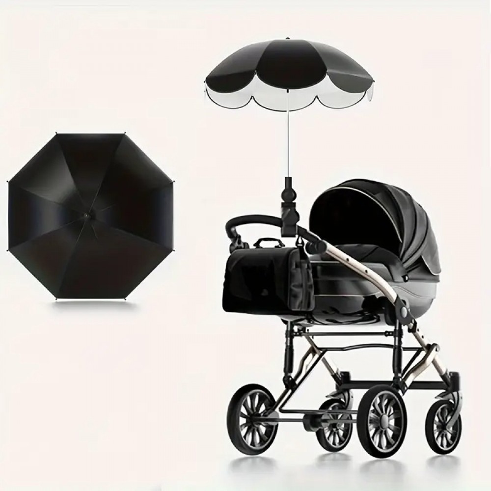 Parasol 360&deg; avec pince pour poussette ou chaise protection UV fixation facile et toile polyester - Noir