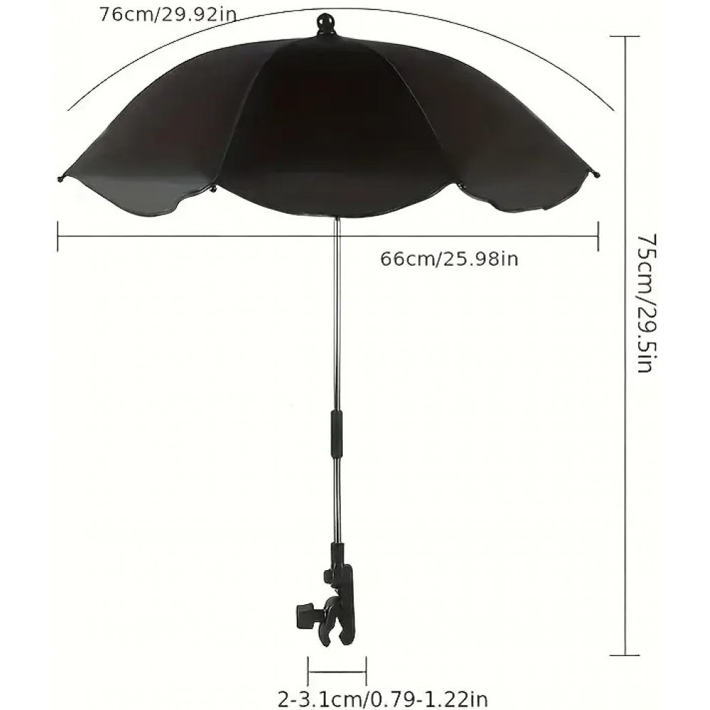 Parasol 360&deg; avec pince pour poussette ou chaise protection UV fixation facile et toile polyester - Noir