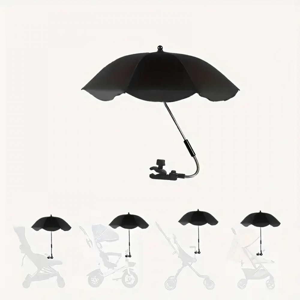 Parasol 360&deg; avec pince pour poussette ou chaise protection UV fixation facile et toile polyester - Noir