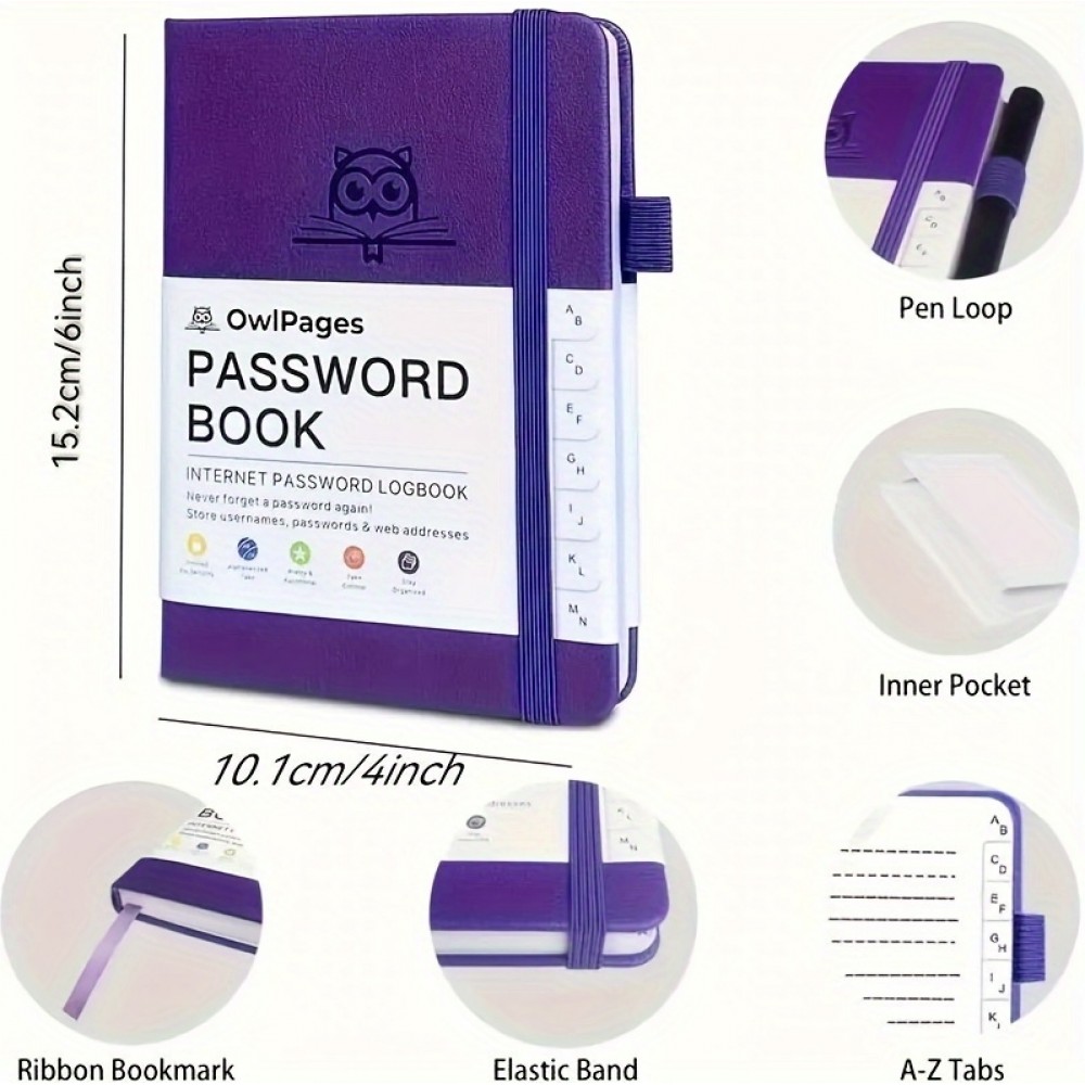 Password Book - Passwort-Organizer mit alphabetischen Register für Senioren, Internet-Zugang in Taschenformat - Lila