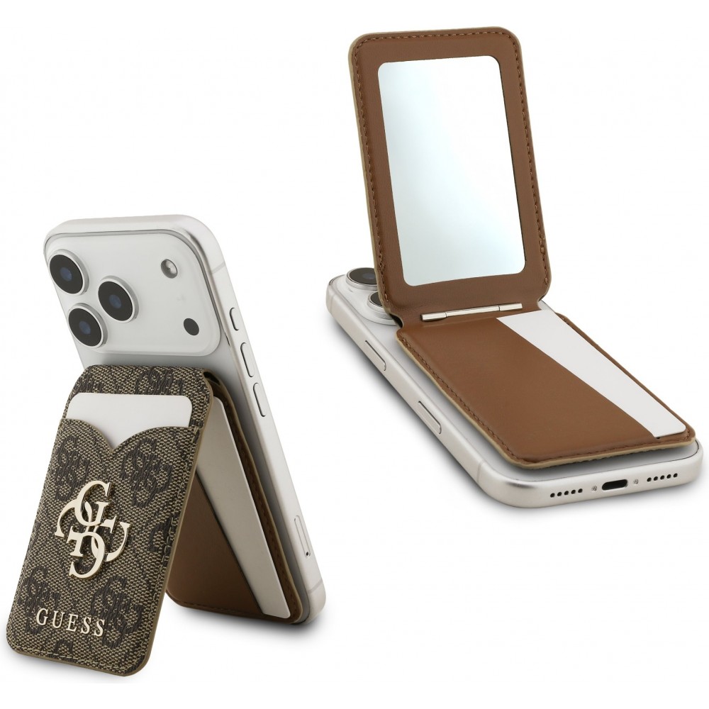 Porte-cartes Guess 4G en m&eacute;tal support MagSafe fonction stand avec miroir - Brun