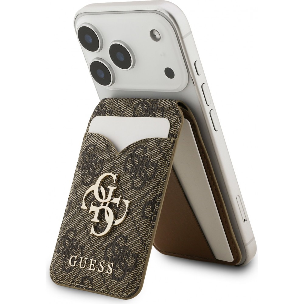 Porte-cartes Guess 4G en m&eacute;tal support MagSafe fonction stand avec miroir - Brun