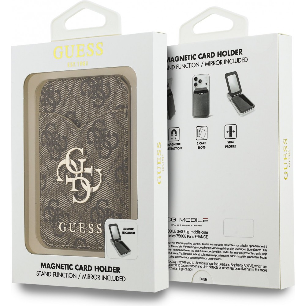 Porte-cartes Guess 4G en m&eacute;tal support MagSafe fonction stand avec miroir - Brun