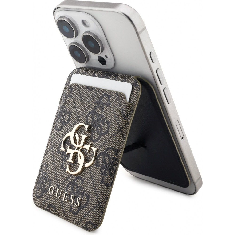 Porte-cartes magnétique compatible MagSafe avec support intégré logo Guess en métal - Brun