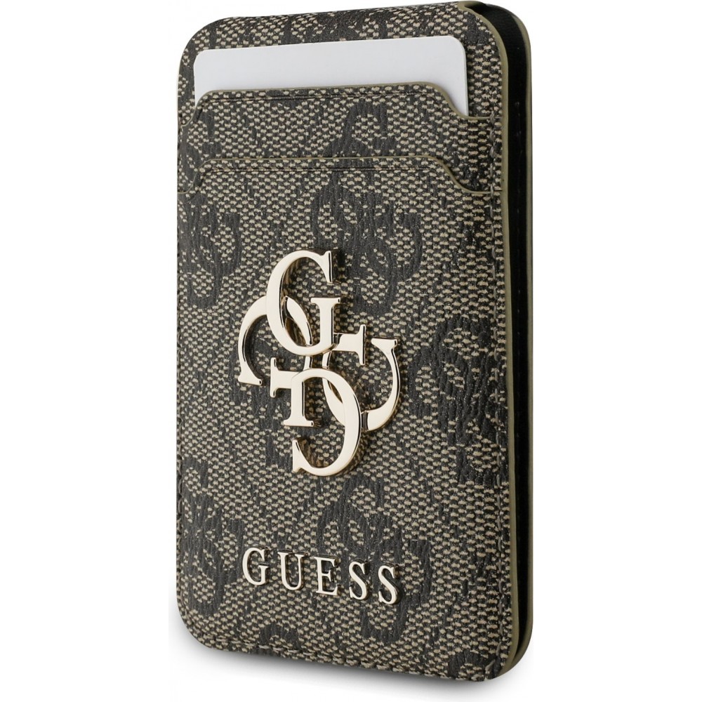 Porte-cartes magnétique compatible MagSafe avec support intégré logo Guess en métal - Brun