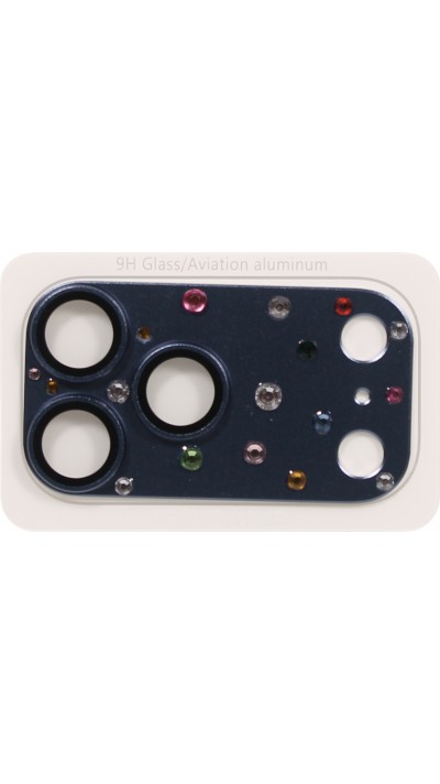 Luxuriöser 3D Kamera-Schutz für mit Strass und gehärtetem Metall-Glas-Rückseite - Blau - iPhone 17 Pro Max