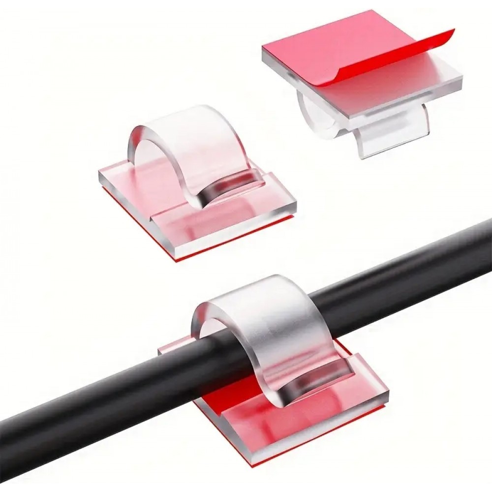 Set 50 clips adhésifs passe-câbles en plastique avec autocollant fixations murales améliorées pour gestion de câbles - Transparent