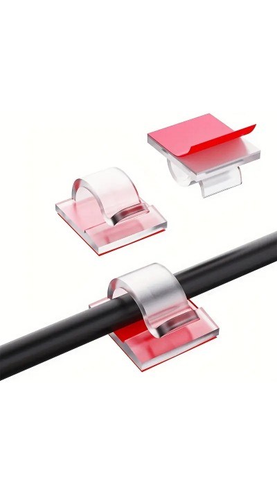 Set 50 clips adhésifs passe-câbles en plastique avec autocollant fixations murales améliorées pour gestion de câbles - Transparent