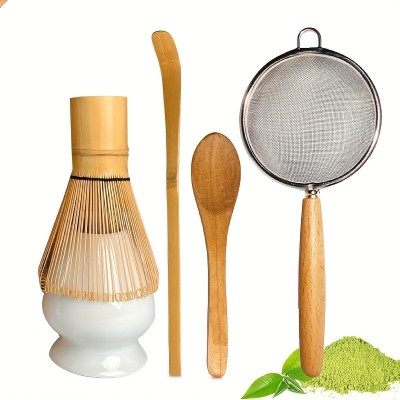 Set &agrave; matcha de 5 accessoires en bambou pour pr&eacute;paration th&eacute; vert japonais (fouet chasen / support / tamis / cuill&egrave;res)