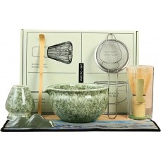 7-teiliges Matcha-Zeremonie-Set mit Holzbesen (Chasen) / Halterung / Keramikschale und Zubehör - Grün