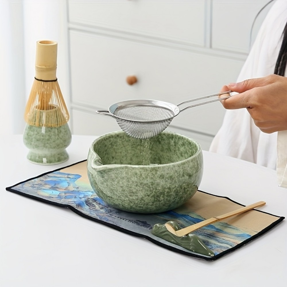 7-teiliges Matcha-Zeremonie-Set mit Holzbesen (Chasen) / Halterung / Keramikschale und Zubehör - Grün