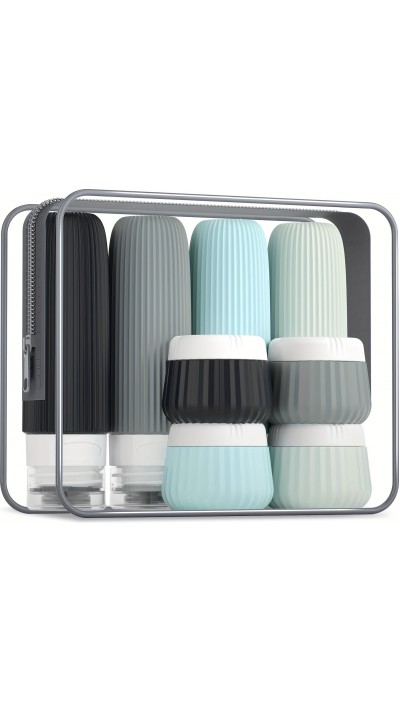 Set de voyage bouteilles en silicone (8 pièces) étanches pour cosmétiques et hygiène avec sac transparent zippé (tubes 90 ml)