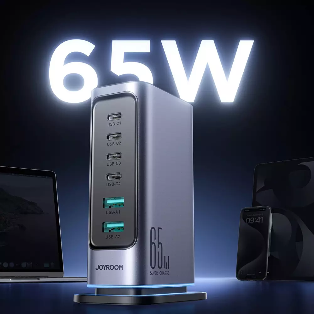 Station de charge GaN 65W Joyroom JR-TCM02 multi-ports 4x USB-C / 2x USB-A - Gris