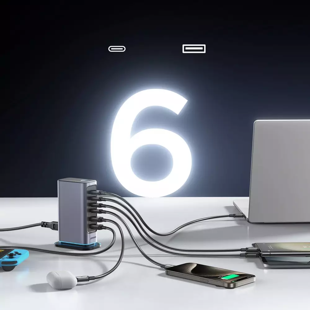 Station de charge GaN 65W Joyroom JR-TCM02 multi-ports 4x USB-C / 2x USB-A - Gris