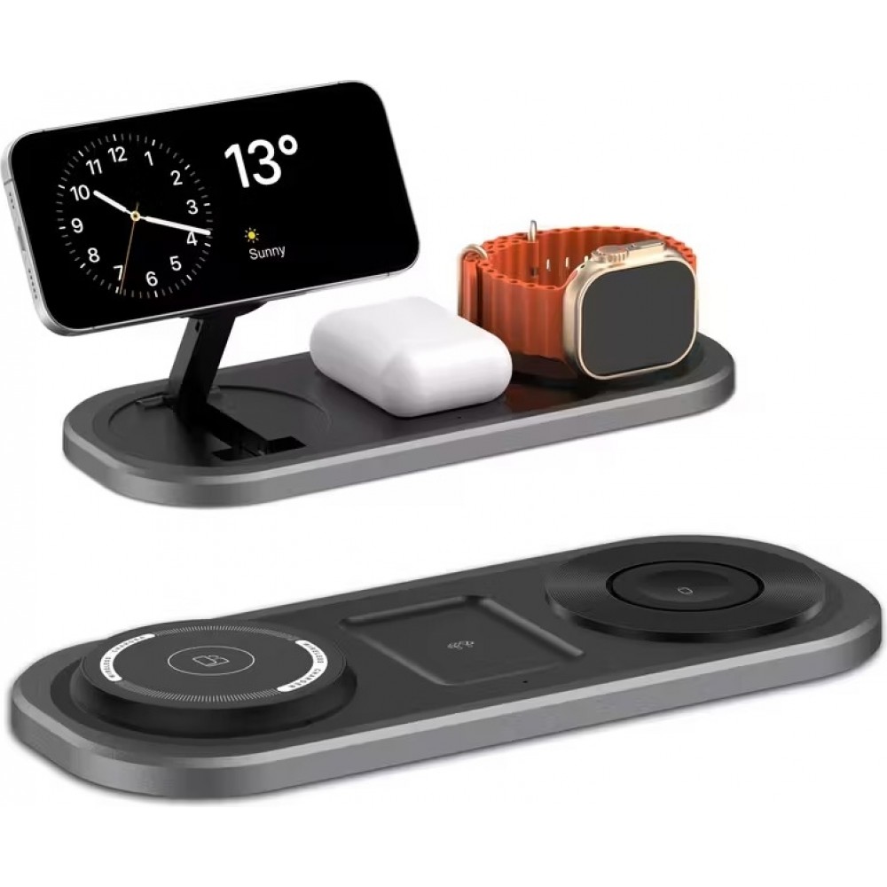 Magnetische 3-in-1 15W Wireless-Ladestation klappbar f&uuml;r iPhone, Apple Watch und AirPods - Schwarz