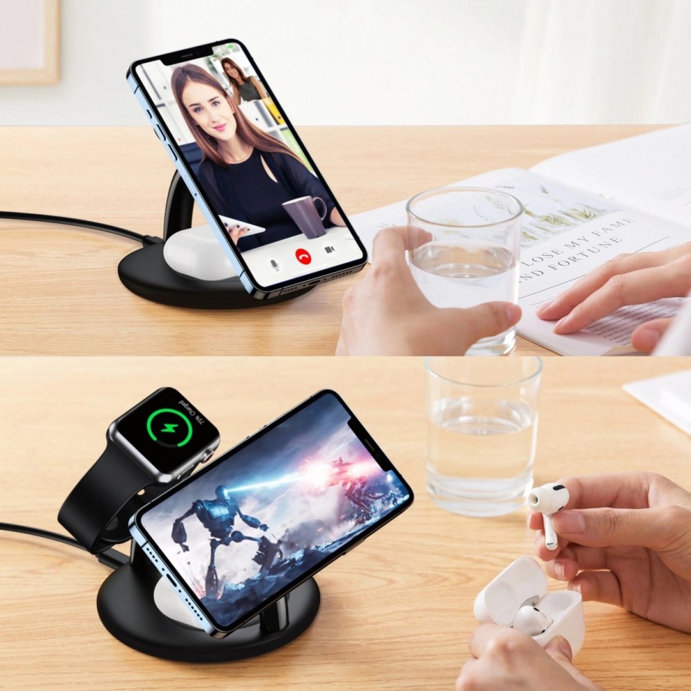 Station de charge magnétique Wireless 3-en-1 iPhone, Apple Watch et AirPods simultanément - Noir