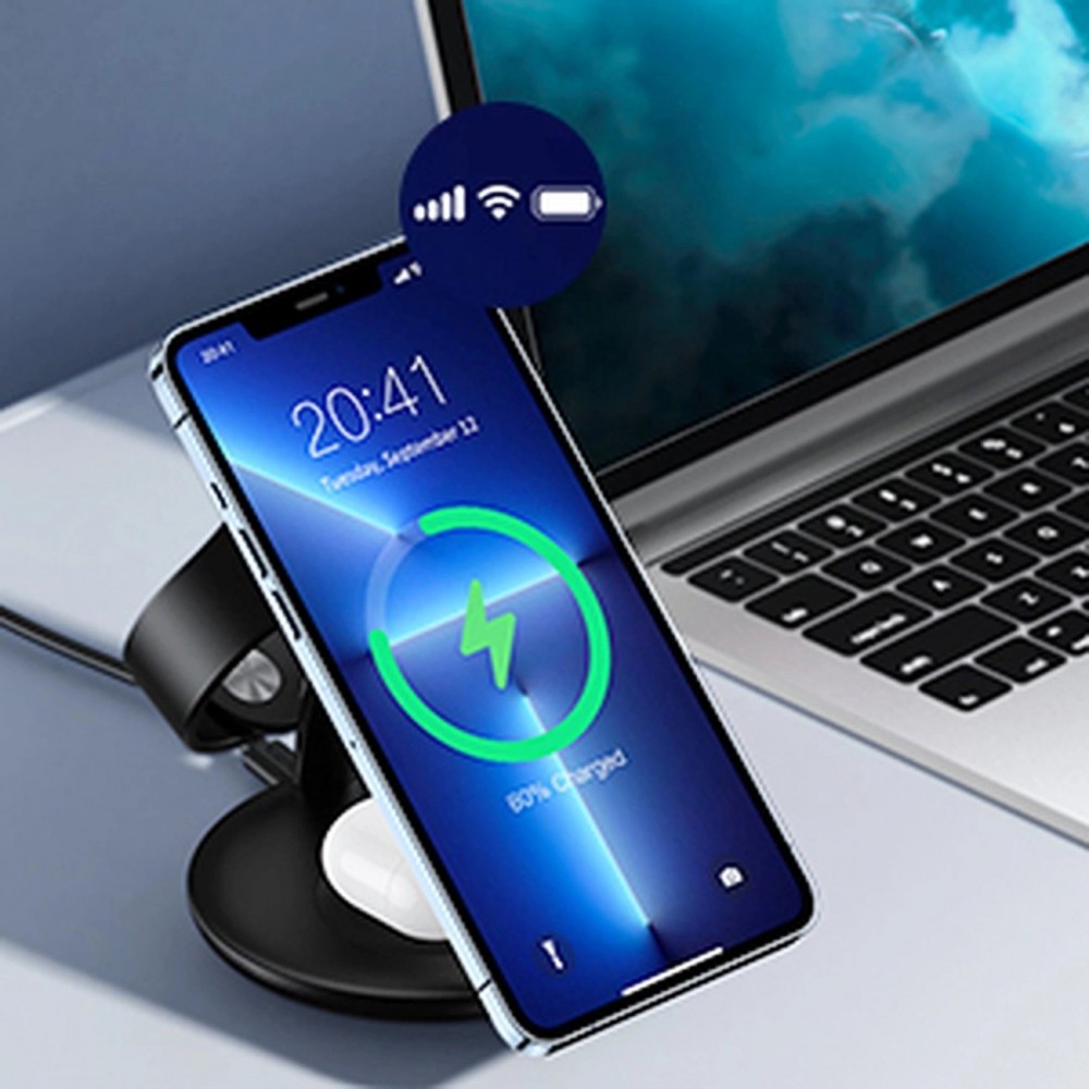 Station de charge magnétique Wireless 3-en-1 iPhone, Apple Watch et AirPods simultanément - Noir