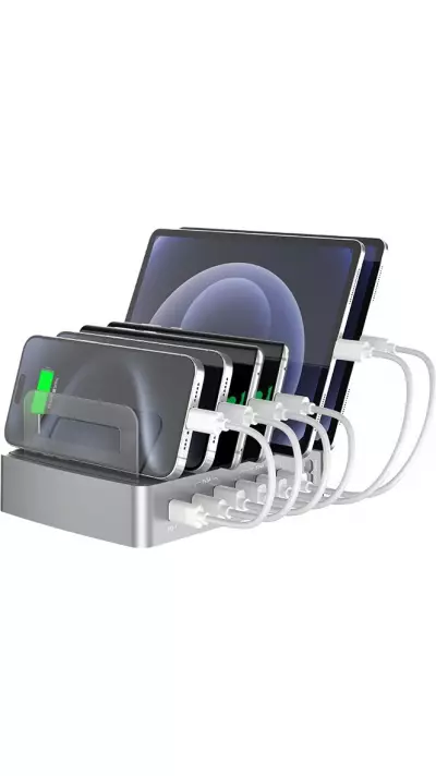 Universelles 72W Multi-Telefon-Ladestation - Schneller Multi-Port-Ladeger&auml;t mit 2x Typ-C, 4x USB, DC und AC f&uuml;r Smartphones, Tablets mit Halterung - Silber