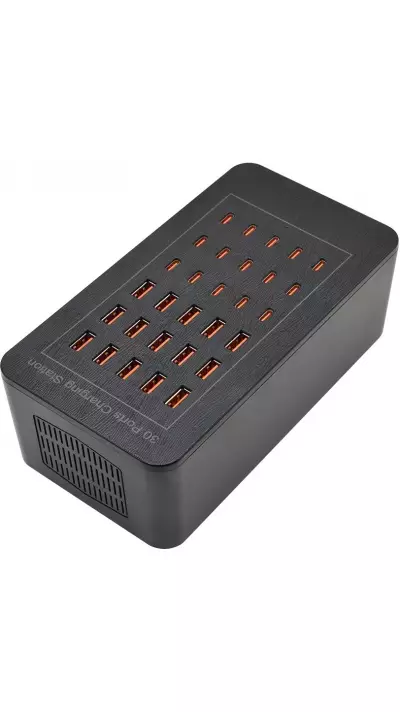 Station de charge multiple USB-C et USB-A 150W bloc avec 30 ports pour smartphones tablettes et accessoires - Noir