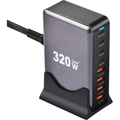 Station de charge rapide 320W Hub GaN III USB-C 8 ports pour ordinateurs/tablettes/téléphone avec prise CH/EU - Gris