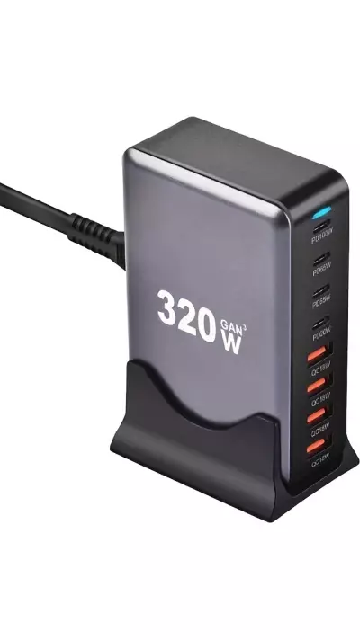 Station de charge rapide 320W Hub GaN III USB-C 8 ports pour ordinateurs/tablettes/téléphone avec prise CH/EU - Gris