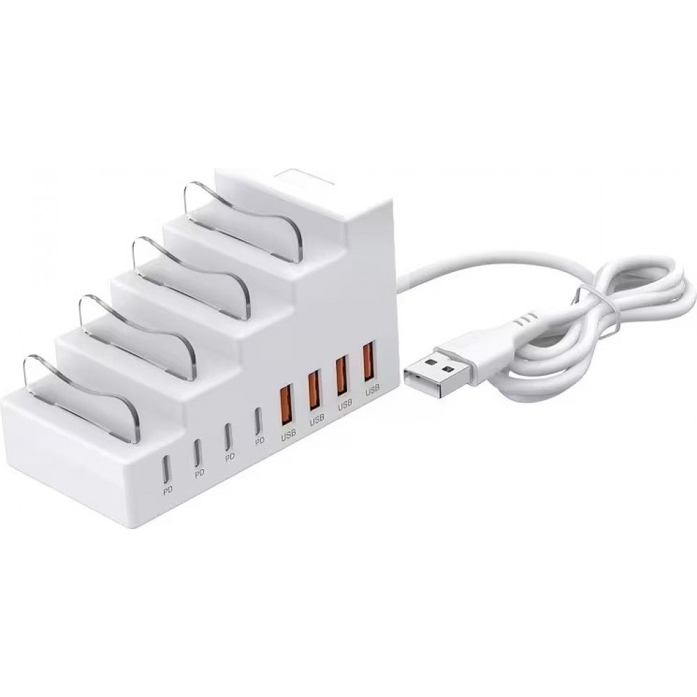 8-in-1 Schnellladestation 66W mit 4 USB- & 4 USB-C PD-Ports Handyhalter und Schreibtisch-Organizer - Weiss