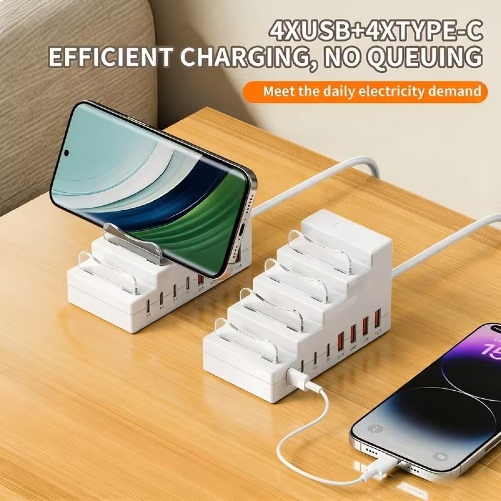 8-in-1 Schnellladestation 66W mit 4 USB- & 4 USB-C PD-Ports Handyhalter und Schreibtisch-Organizer - Weiss