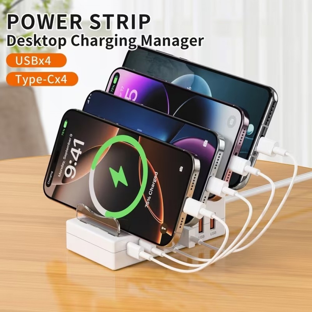 8-in-1 Schnellladestation 66W mit 4 USB- & 4 USB-C PD-Ports Handyhalter und Schreibtisch-Organizer - Weiss