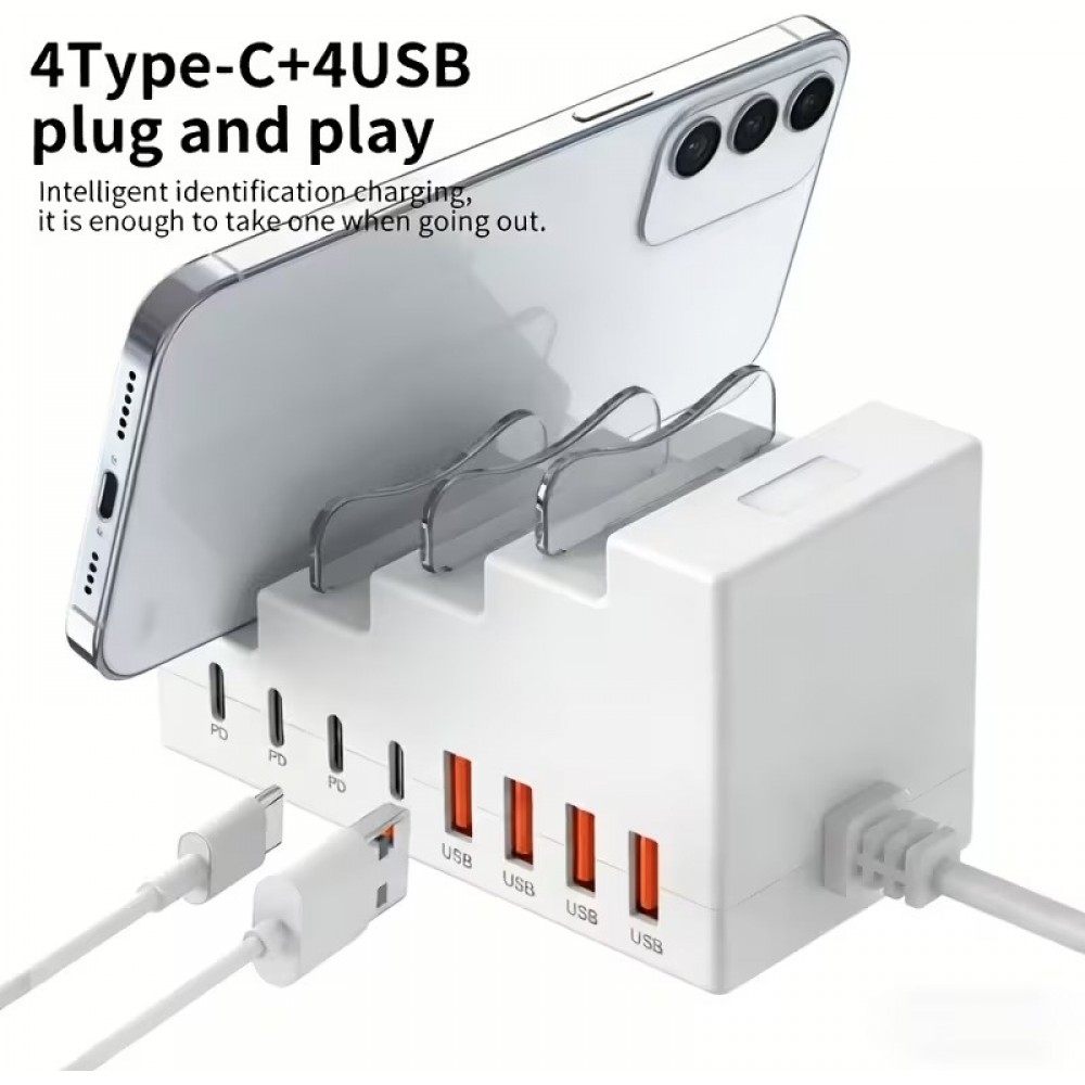 8-in-1 Schnellladestation 66W mit 4 USB- & 4 USB-C PD-Ports Handyhalter und Schreibtisch-Organizer - Weiss