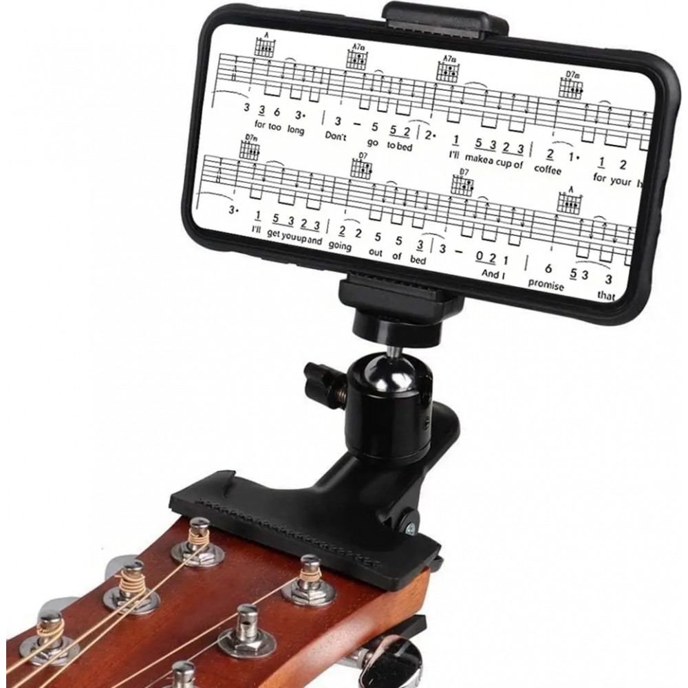 Support smartphone universel pour guitare et ukulélé pince réglable avec rotule 360° fixation stable pour téléphone - Noir