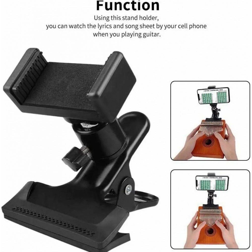 Support smartphone universel pour guitare et ukulélé pince réglable avec rotule 360° fixation stable pour téléphone - Noir