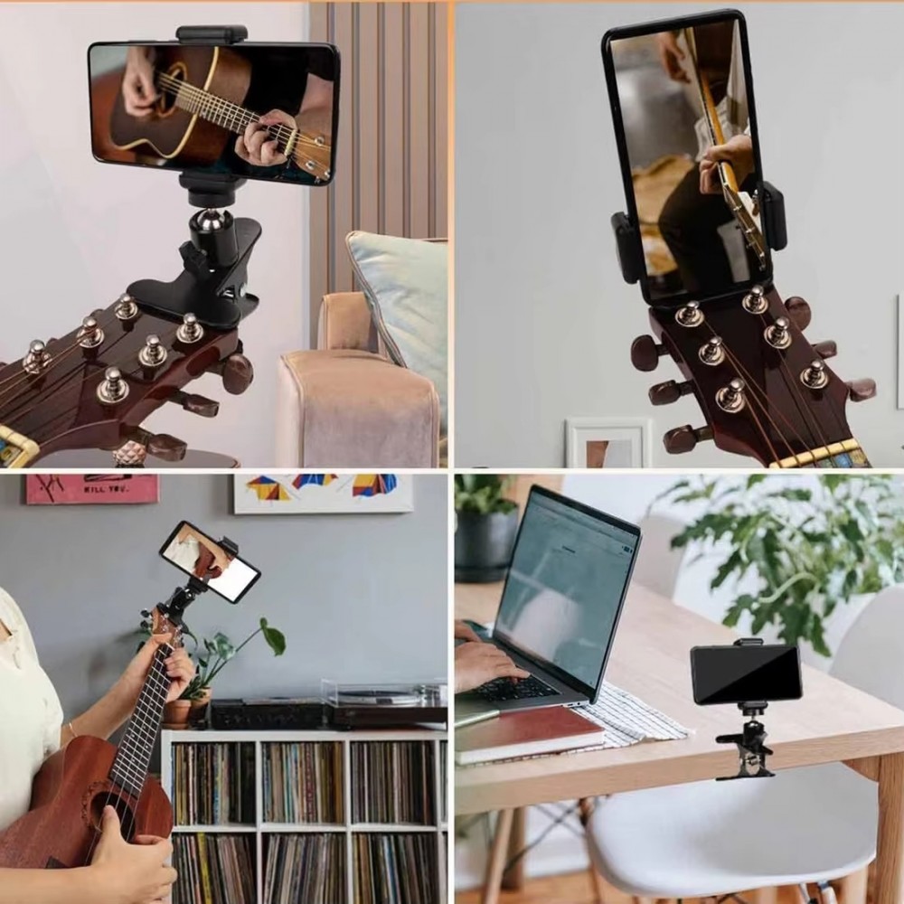 Support smartphone universel pour guitare et ukulélé pince réglable avec rotule 360° fixation stable pour téléphone - Noir