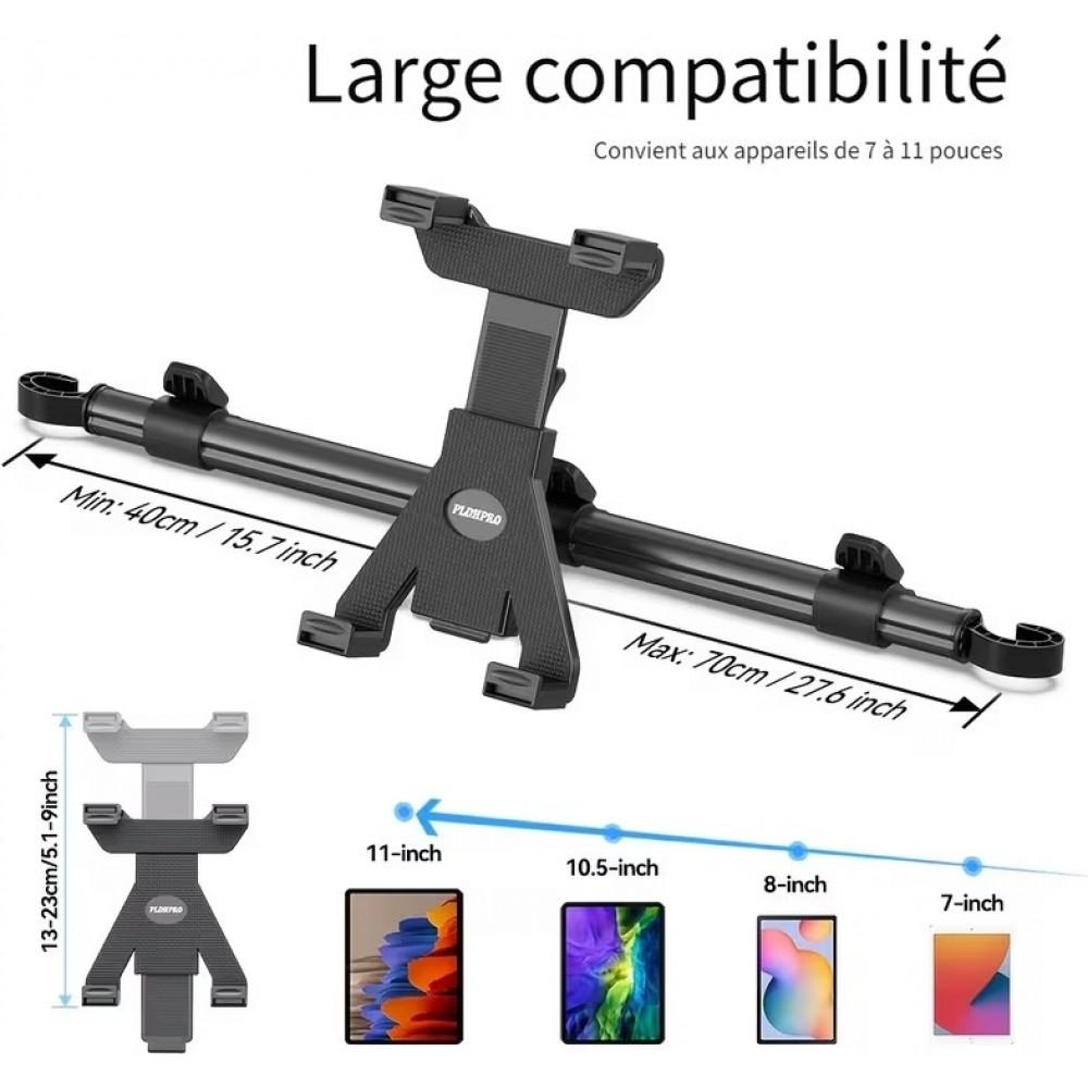 Support universel tablette/téléphone appui-tête voiture rotatif à 360° avec support réglable et sécurisé pour le siège arrière - Noir