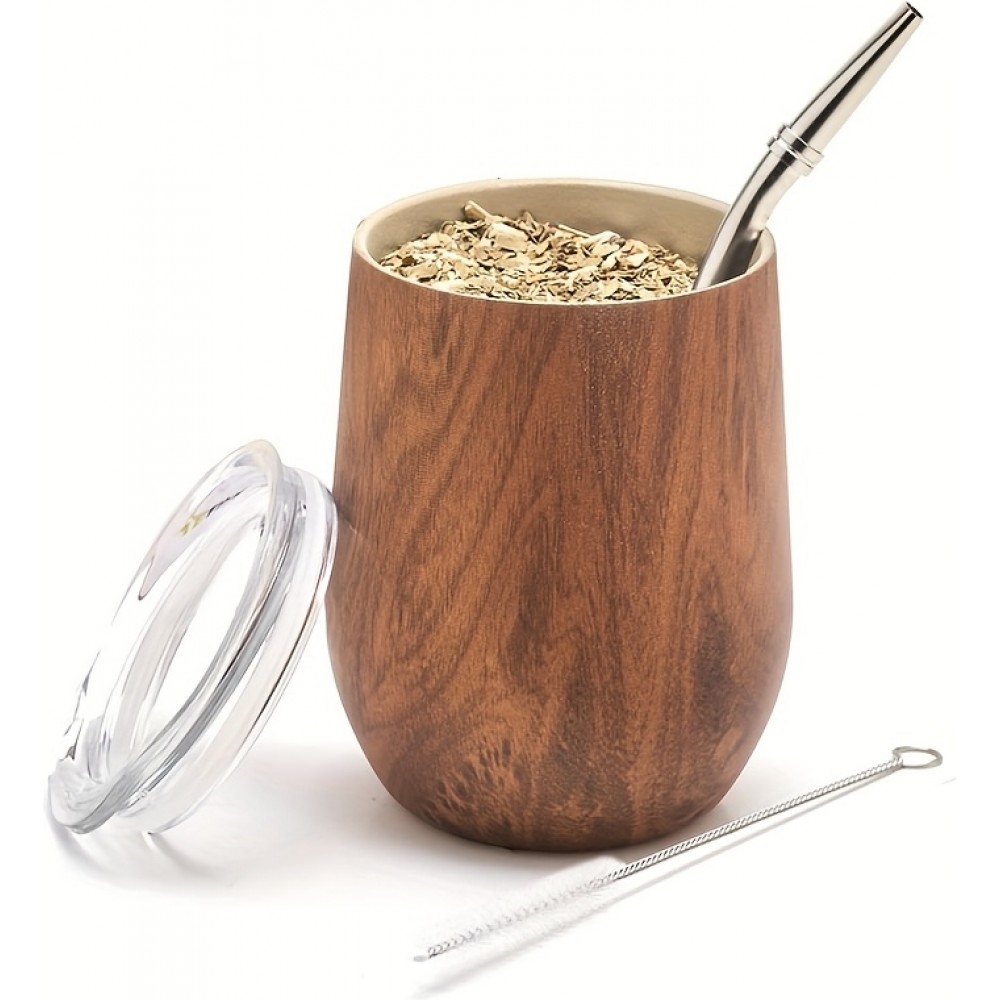 Tasse yerba mate avec bombilla kit gourd 250 ml couvercle + paille + brosse de nettoyage - Bois